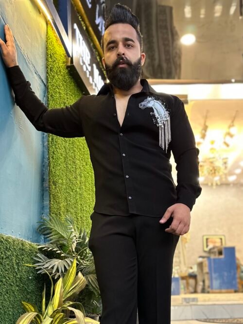 Dark black shirt with silver horse embellishments embroidered patch