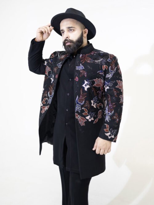 Black premium fabric multi embroidered indowestern set