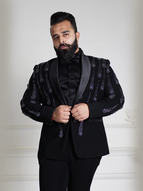 Black Falling Gazes Hand Embroidered Tuxedo Set