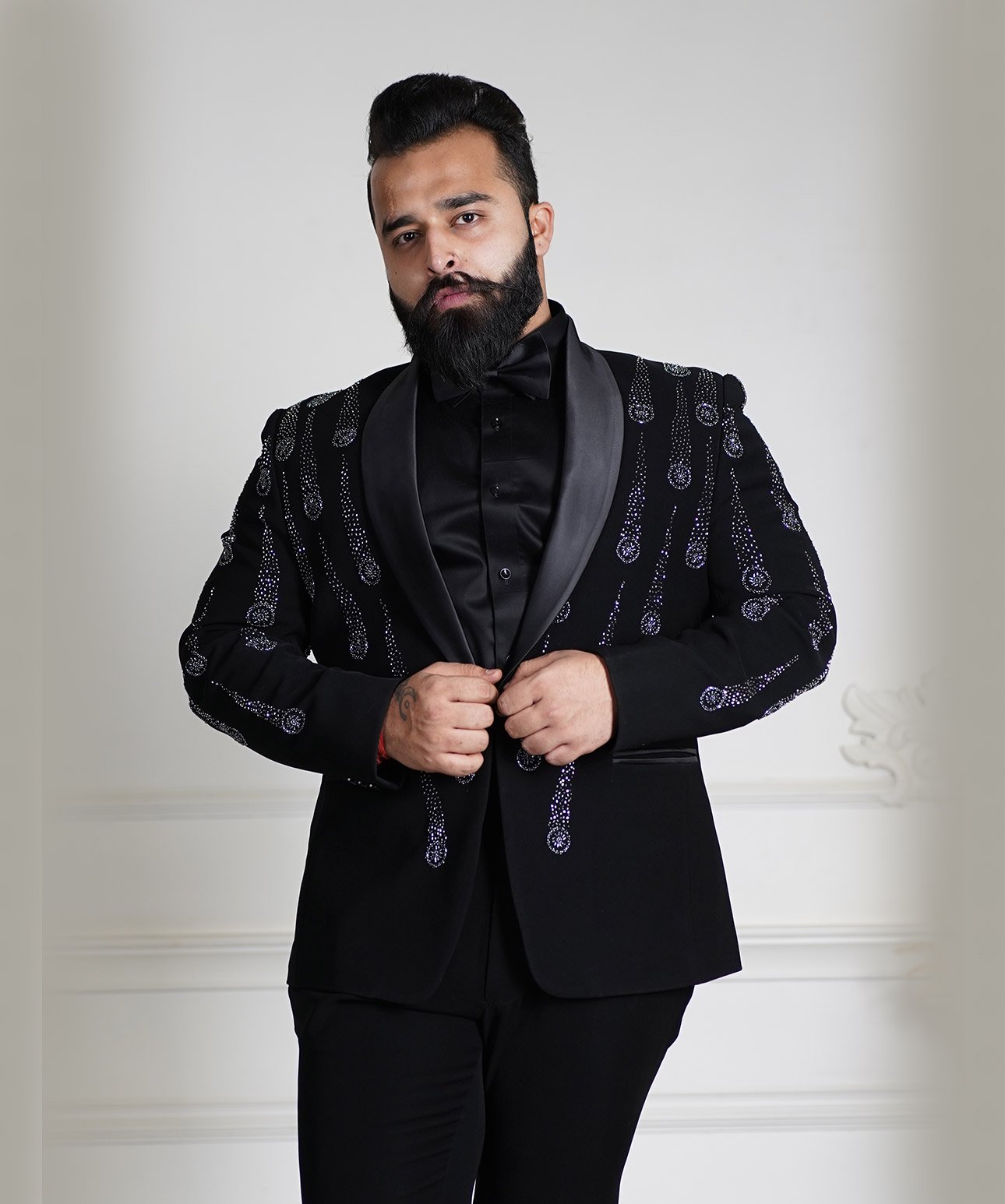 Black Falling Gazes Hand Embroidered Tuxedo Set