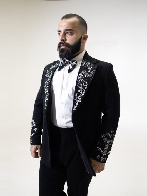 Black Premium Fabric- Ivory & Black Embroidered Tuxedo Set