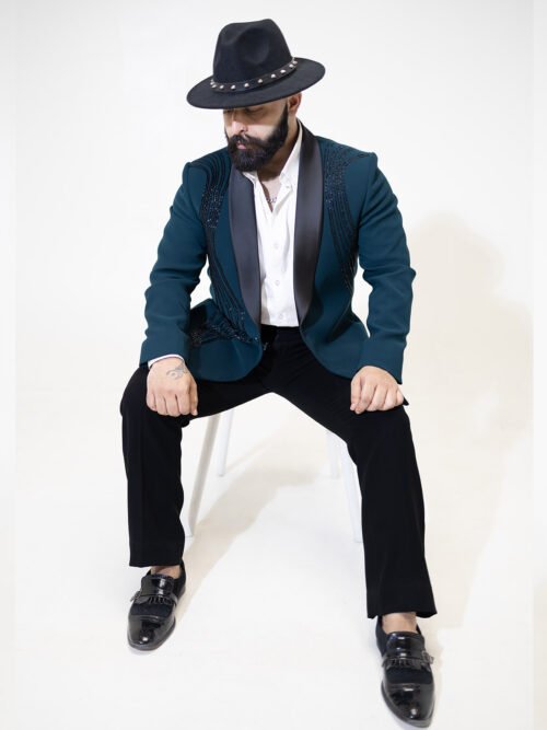 Teal Green With Black Embroidered Tuxedo Set