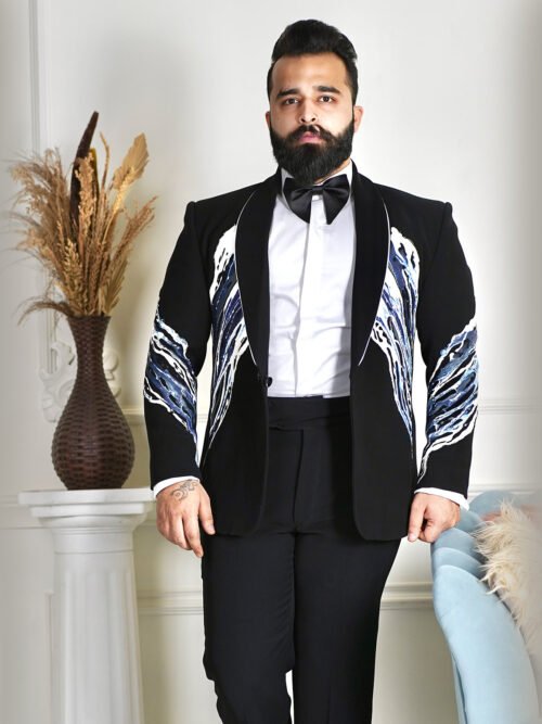 Black Hanpainted Marble Waves & Embroiderted Tuxedo Set