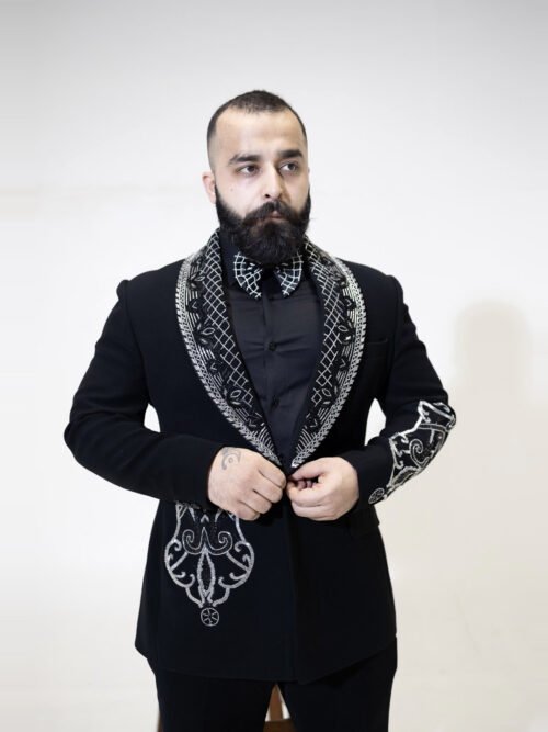 Black & Silver Western Lines Embroidered Tuxedo Set