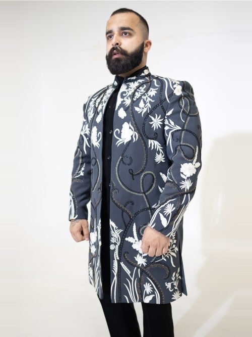 Grey Hand Embroidered & Thread Indo Western Set