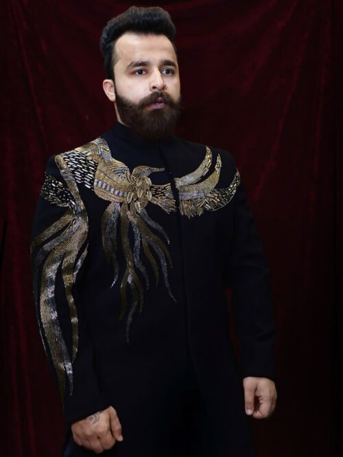 Reagal Phoenix Black Hand Embroidered Indowestern Set