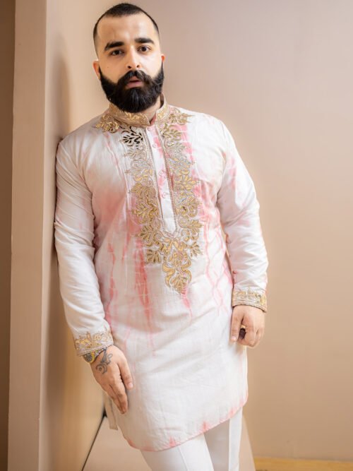 Pink Tie N Dye Leather Embroidered Kurta Set