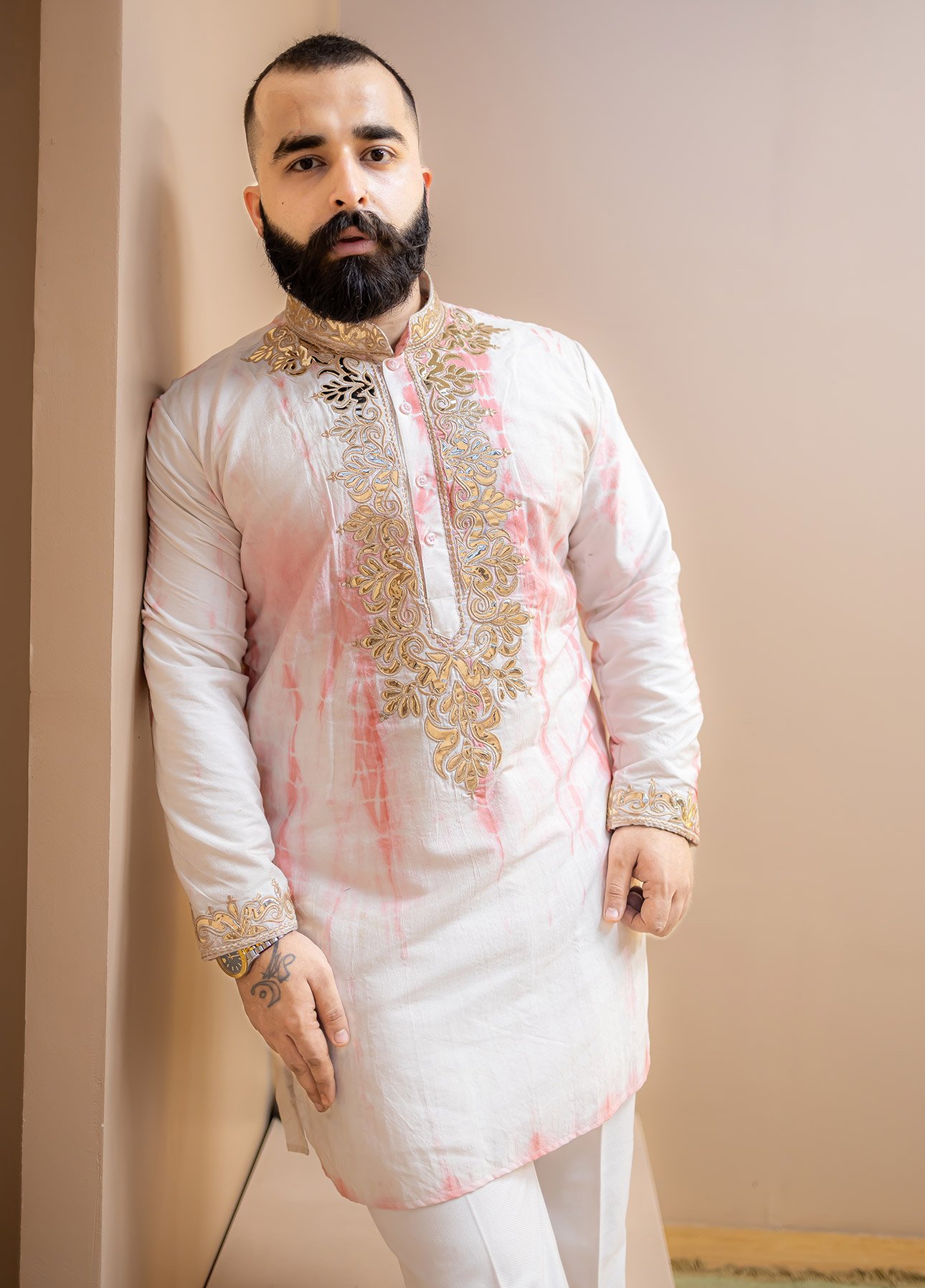 Pink Tie N Dye Leather Embroidered Kurta Set