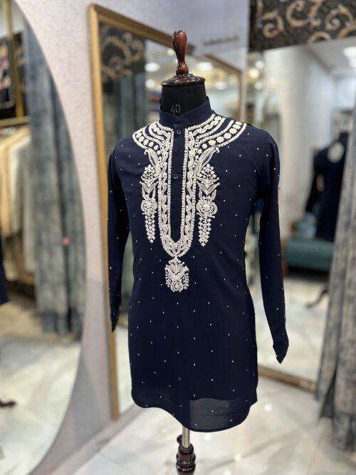 Dark Blue & White Thread Embroidered Kurta Set