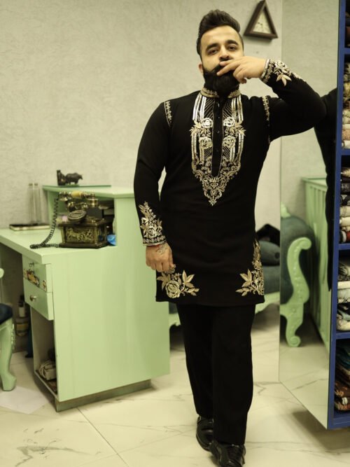 Black Italian Fabric gold Leather Embroidered Kurta Set