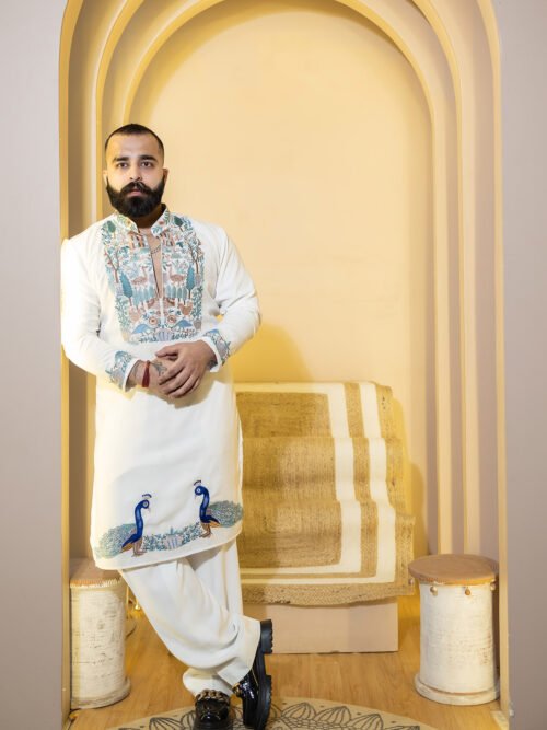 White Colorful Embroidered Kurta Set