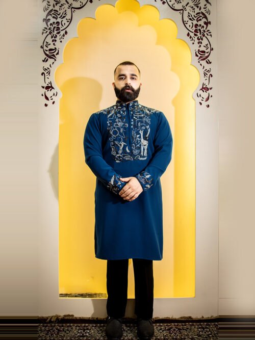 Blue Italian Fabric Hand Embroidered Kurta Set