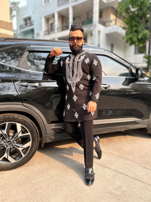 Black and White Paisley Embroidered Kurta set