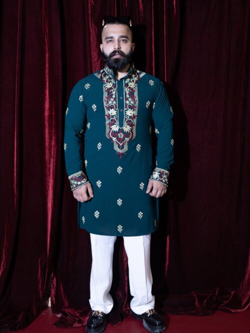 Green with Gold and Maroon Embroidered Kurta Set