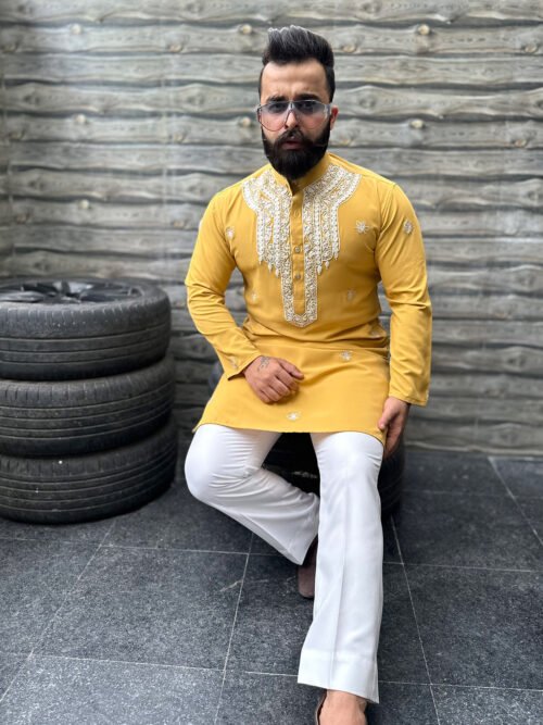 Yellow with white thread Embroidered Kurta Set