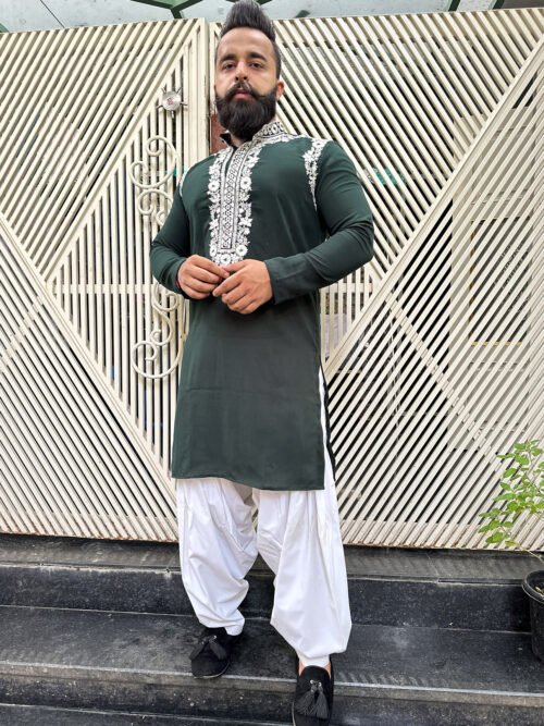 Bottle Green and White Embroidered Kurta Set
