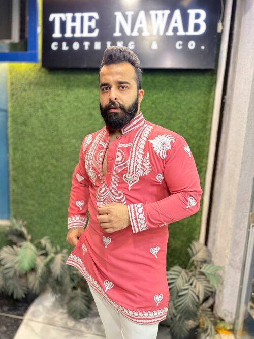 Pink and White Embroidered Kurta set