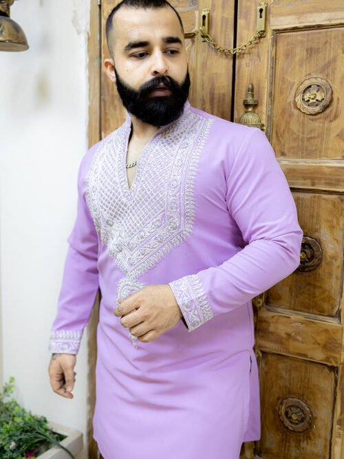 Lilac Kurta with white Thread and Sequin Embroidered Kurta set
