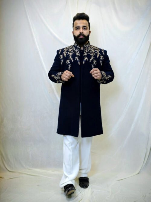 Dark blue Indo-western with gold & black embroidery