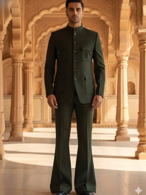 Bottle green Bandhgala with 4  Pockets with falling flaps Bandhgala Set.