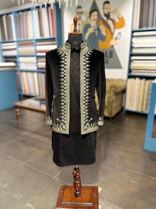 Gold Zardozi Embroidered Black Bandhgala Set