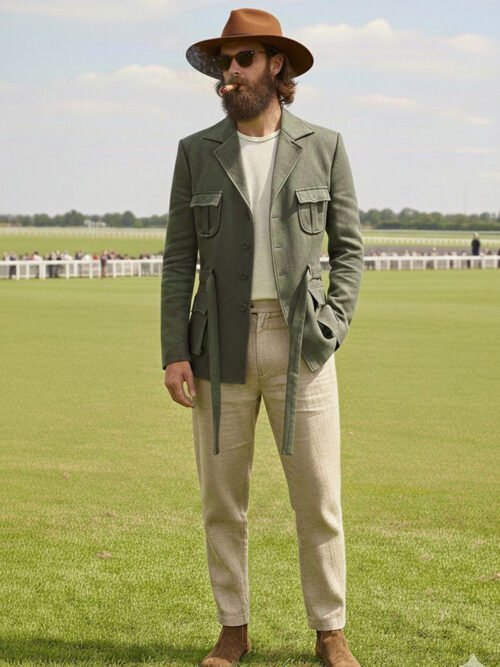 Olive green suede jacket. With authentic flap pockets & a slim belt