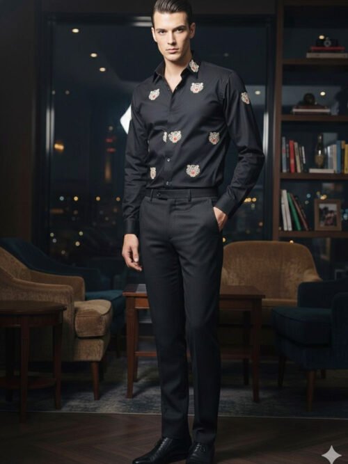 The Tiger Embroidered Black Cotton Shirt