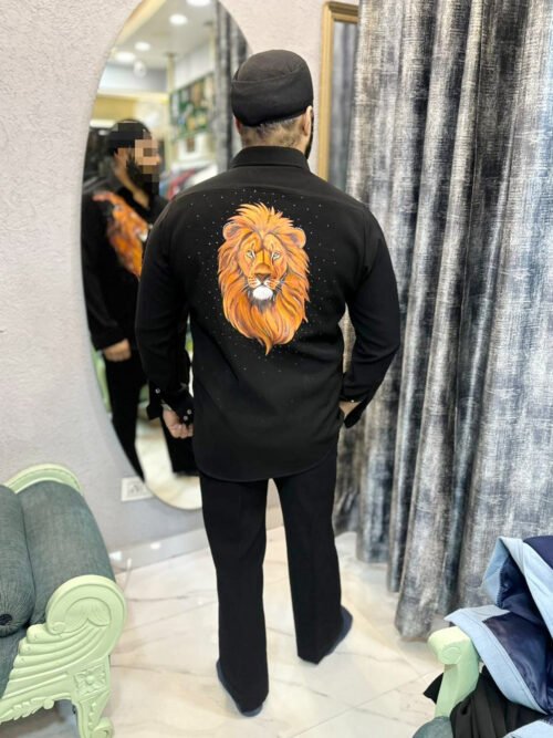 Black Shirt with Hand-Painted Lion & Embellished Beads
