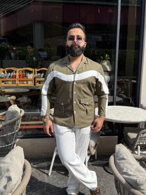 Olive green & white wave shirt